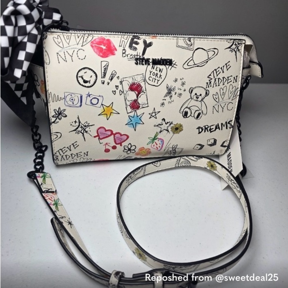 Steve Madden White Crossbody Bag with Multicolor Doodle Grafitte Print - Picture 6 of 8